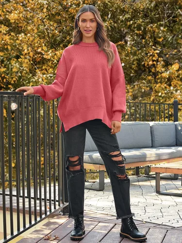 Vista 124 de Lillusory - Suéter extragrande con mangas de murciélago y cuello redondo para mujer, prenda moderna de otoño de tejido de punto sin botones