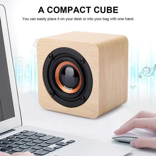 Vista 2 de Altavoz Bluetooth retro, altavoz portátil de madera amarillo alimentado por USB con sonido HD y graves ricos para computadora PC