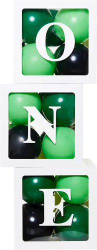 Vista 5 de Cajas de Globos de Primer Cumpleaños 'ONE' para 1 Año CON 24 Globos - Decoraciones de Primer Cumpleaños para Bebé Bloques de Cubo Transparente