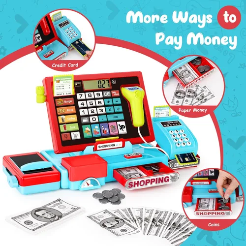 Vista 4 de maysida 52 PIEZAS Caja Registradora de Juguete para Niños con Sonido Música/Escáner/Micrófono/Tarjeta de Crédito/Dinero de Juego, Juguete