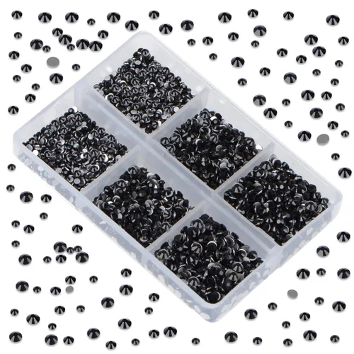 Vista 4 de LPBeads 6000 unidades de diamantes de imitación negros no termofijos, 6 tamaños, cristal redondo, con parte trasera plana, pinzas y bolígrafo