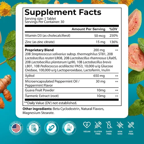 Vista 2 de PUREHEALTH RESEARCH Apoyo a la salud bucal - Suplemento de probióticos Aliento fresco, salud de dientes y encías - Con xilitol, vitamina D3, zinc