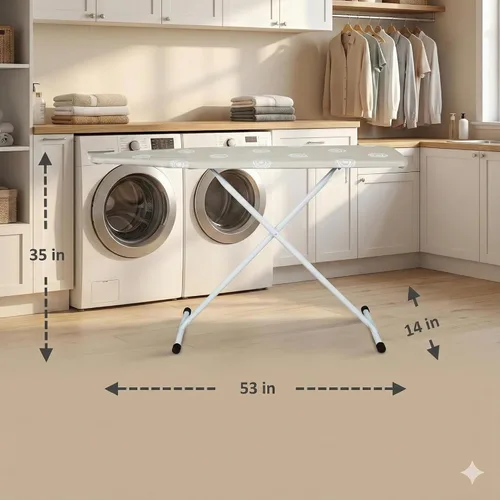 Vista 2 de Tabla de planchar beige con patas en T con funda de algodón, tabla de planchar plegable de 53 x 14 pulgadas, altura ajustable, uso doméstico
