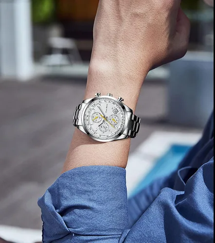 Vista 7 de Wach - Reloj analógico de cuarzo resistente al agua para hombre, resistente al agua, con correa de acero inoxidable, cronógrafo, moda