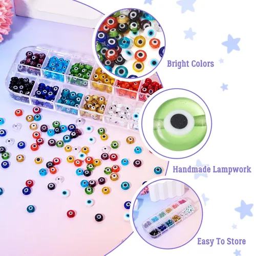 Vista 5 de Cheriswelry 420 unidades/caja de 0.236 in surtidas cuentas de cristal de ojo malvado multicolor, planas, redondas, monstruo, disco de ojo