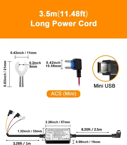 Vista 7 de Kit de cableado para cámara de salpicadero, 13.1 ft/13.12 pies, 12 V-24 V a 5 V 2.5 A, cargador de cámara de tablero de automóvil, cable