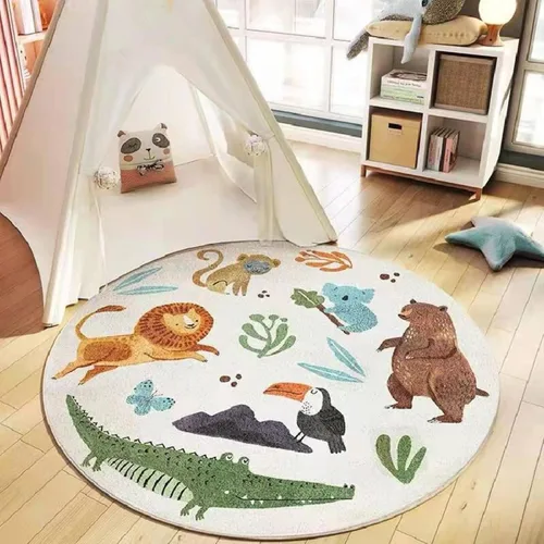 Vista 2 de MOJUN Alfombra redonda de juegos para niños, bonita alfombra de juegos con temática de zoológico súper suave de felpa antideslizante, alfombra