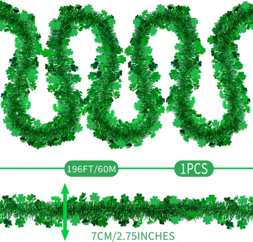 Vista 2 de Guirnalda de oropel del día de San Patricio, guirnalda metálica de trébol verde de 196 pies para decoración irlandesa de árbol de pared para fiesta