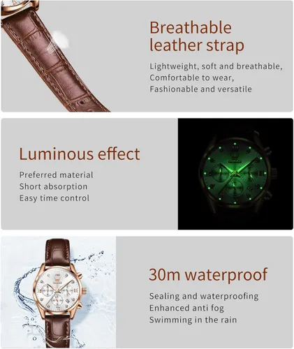 Vista 6 de OLEVS Relojes de cuero para mujer, correas marrones, vestido casual, cronógrafo, relojes de pulsera de cuarzo analógico de oro rosa, resistente al