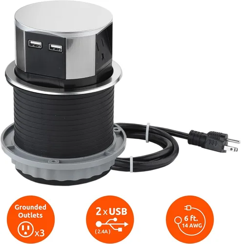 Vista 12 de Link2Home Paquete de 2 enchufes emergentes que ahorran espacio con USB, 3 tomas de corriente de 15 A, 2 puertos USB de 2.4 A de carga rápida