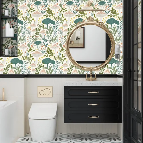 Vista 7 de Papel tapiz floral de hongos rosados para despegar y pegar, papel de contacto bohemio con hojas verdes claras, acuarela, colorido mural de pared