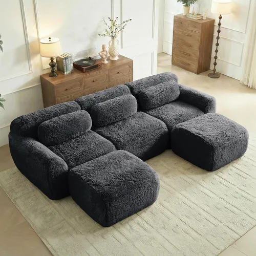 Vista 30 de Sofás de nube sin hueso de 80.4 pulgadas, tela de felpa suave y esponjosa, sofá cama modular con 2 otomanas, sofás de dos plazas de chocolate,