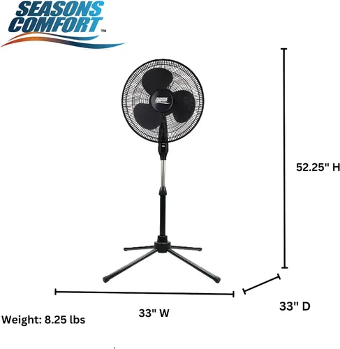 Vista 5 de Seasons Comfort Ventilador de pedestal oscilante de 18 pulgadas, 3 velocidades, altura ajustable, botones, silencioso, ventilador de refrigeración