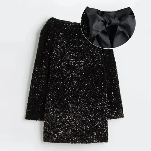 Vista 2 de Vestido de verano para mujer, cuello redondo, manga larga, vestido de lentejuelas brillantes, sin espalda, lazo sexy y lindo, vestido de fiesta