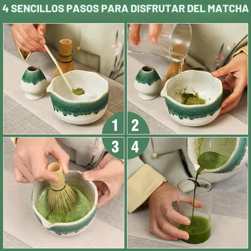 Vista 6 de Pottery Matcha Set – Tazón de té matcha japonés hecho a mano cuenco de esmalte mineral con boquilla, batidor de bambú, cuchara y soporte de Chasen