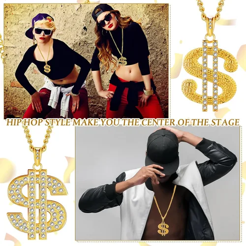 Vista 5 de Tatuo 2 piezas de cadena chapada para hombre con colgante de signo de dólar, collar de dólar hip hop