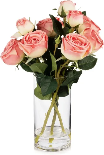 Vista 10 de ENOVA FLORAL 9 cabezas de rosas artificiales de seda en jarrón, arreglo de rosas sintéticas en jarrón con agua sintética para centros de mesa Champán