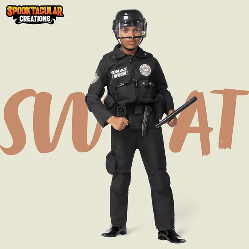 Vista 2 de Spooktacular Creations Disfraz de oficial SWAT para niños, fiesta de Halloween, disfraz de truco o trato, fiestas temáticas