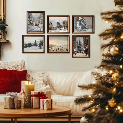 Vista 8 de Hwetui Juego de 6 Pósteres de Arte de Pared de Lienzo Navideño Vintage, Cuadros de Reno y Árbol Invernal Decoración de Pared, Pinturas de Paisajes