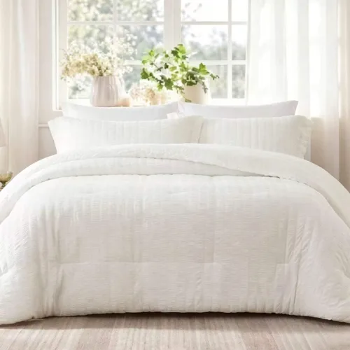 Vista 10 de Quataly - Juego de edredón Seersucker tamaño Twin/Twin XL en color blanco; juego de cama de 2 piezas que incluye 1 edredón suave y esponjoso y 1