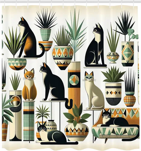 Vista 4 de Ambesonne Cortina de ducha de gato, diseño bohemio de estilo étnico con poses de gatitos sentados y acostados, juego de decoración de baño de tela