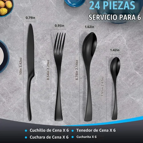 Vista 3 de Lemeya Juego de cubiertos negros de 24 piezas para 6, juego de cubiertos de acero inoxidable 18/10 resistente con cuchillo forjado, juego