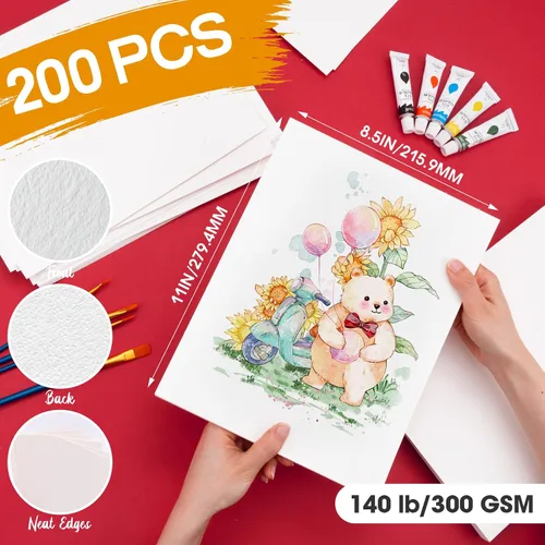 Vista 19 de 200 hojas de papel de acuarela de 5 x 7 pulgadas a granel, papel de color blanco de 140 libras/300 GSM para niños, adultos y artistas. Papeles