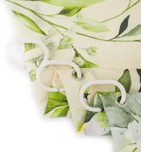 Vista 5 de EOBTAIN Cortina de ducha de hojas de plantas tropicales para baño, flamenco rosa y mariposa azul con hojas de palma en beige, cortina de ducha con 8
