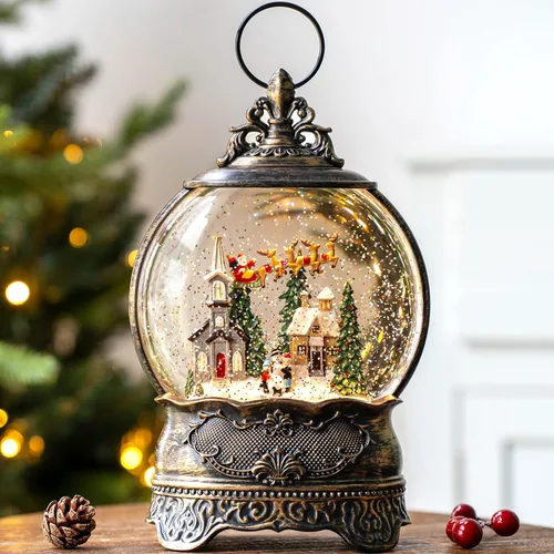 Vista 16 de Globos de Nieve de Navidad, Farol de Agua de Navidad con Carruaje e Iglesia Azul, Música y Temporizador de 6 Horas, Faroles Iluminados con Cable