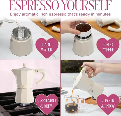 Vista 6 de Paris Hilton Cafetera de café y café para estufa, cafetera de estilo italiano y cubano con emblemática perilla de corazón, perfecta para expreso