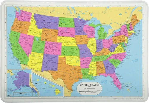 Vista 2 de Painless Learning Juegos de manteles individuales educativos; Estados Unidos, mundo, Europa, Asia, África, América del Sur, América Central, Canadá