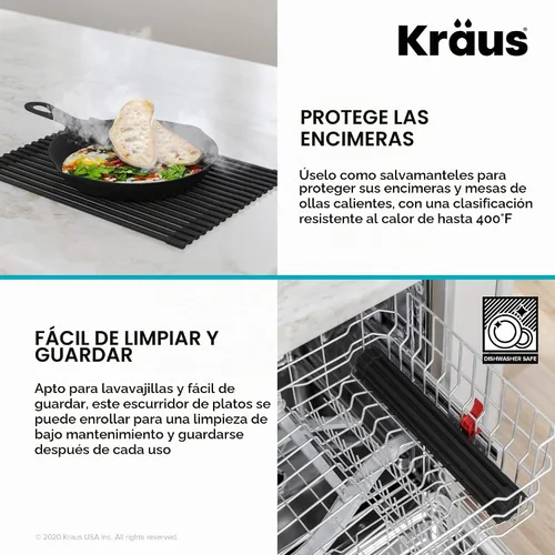 Vista 7 de Kraus Multiusos Escurreplatos Enrollable para Fregadero con Colador y Esterilla en Aqua, KRM-11AQ Aguamarina