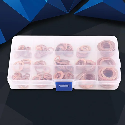 Vista 5 de 150pcs Copper Flat Washer Assortment Kit in Storage Box Plain Metal Spacers for Electrical Thermal Conductivity Load Distribution Screw Preload
