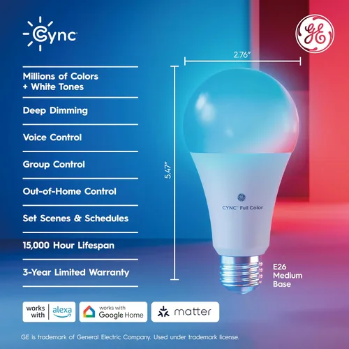 Vista 2 de Cync GE Direct Connect - Bombillas LED inteligentes A21, luces inteligentes que cambian de color, compatibles con la materia, compatibles con Alexa