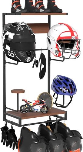 Vista 9 de Soporte de pared para casco, estante retro para casco con tabla de madera, 2 soportes para casco para almacenamiento de equipo de motocicleta