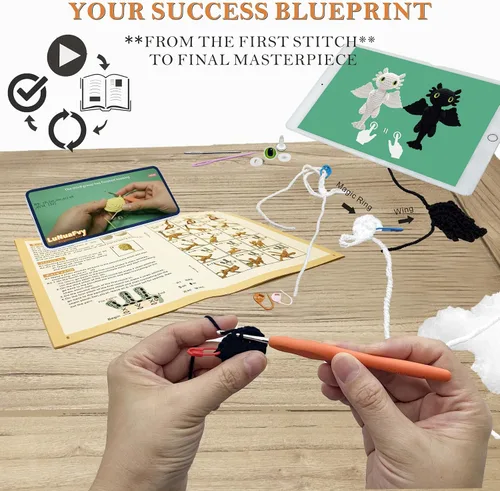 Vista 4 de LuNuaFvy Kit de ganchillo para principiantes, adultos/adolescentes/niños mayores de 9 años - Juego de dragón Amigurumi Animal con video de 4 horas