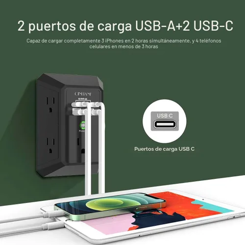Vista 4 de QINLIANF cargador USB de pared, protector contra sobrecargas, extensor de 5 tomas con 4 puertos de carga USB (4.8 A en total), 3 lados, 1,680 J