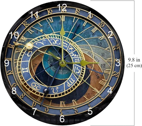Vista 6 de LORVIES Reloj astronómico de Praga, silencioso, sin tictac, acrílico, decorativo, de 10 pulgadas, reloj redondo para oficina en casa y escuela