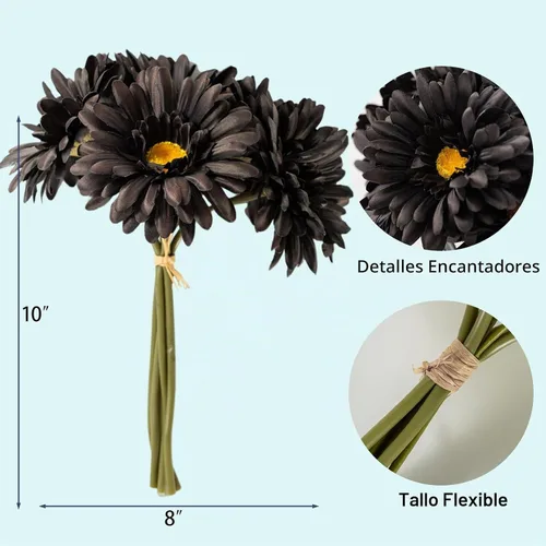 Vista 5 de TOPIA Margaritas africanas artificiales, margaritas africanas, flores de seda, gerberas artificiales, paquete de 10 unidades (negro)