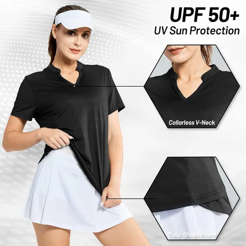 Vista 3 de MIER Polo de golf para mujer, sin cuello, UPF 50+, manga corta, tenis y correr, cuello en V