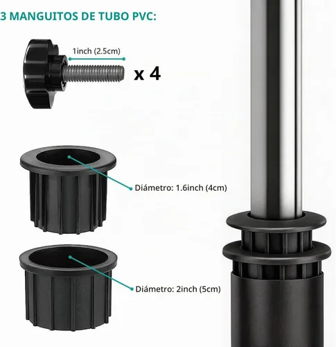 Vista 4 de Soporte de sombrilla de acero inoxidable, resistente para barandilla de terraza (se ajusta a diámetro exterior máximo de 2 pulgadas), se puede