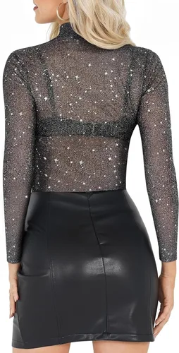 Vista 3 de MANGOPOP - Blusa delgada de malla transparente con lentejuelas para mujer, manga corta, sexy, camiseta transparente para club