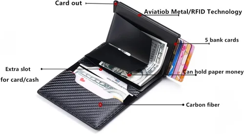 Vista 5 de Cartera minimalista con bloqueo RFID de piel sintética ligera de aluminio para tarjetas de crédito en efectivo, Fibra de carbono, Rfid Wallet