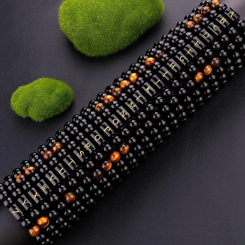 Vista 8 de SUMMER LOVE Regalos para el Día del Padre, pulsera con inicial de piedra de ónix negro de 0.394 pulgadas para hombres, pulsera de cuerda trenzada