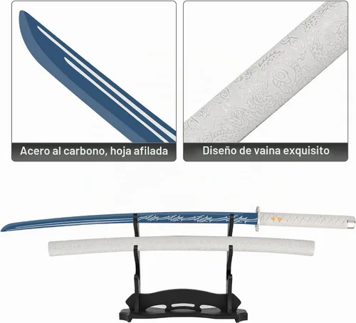 Vista 4 de Espada Katana japonesa hecha a mano, espada samurái de acero al carbono sin afilar con vaina, espada de espiga completa para colección, exhibición
