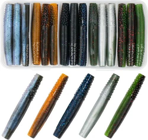 Vista 6 de Soft Plastic Worm Fishing Lures Kit, Finesse TRD Stick Worms and Ned Rig Baits with Jig Heads for Bass Fishing, Freshwater Bass Soft Baits