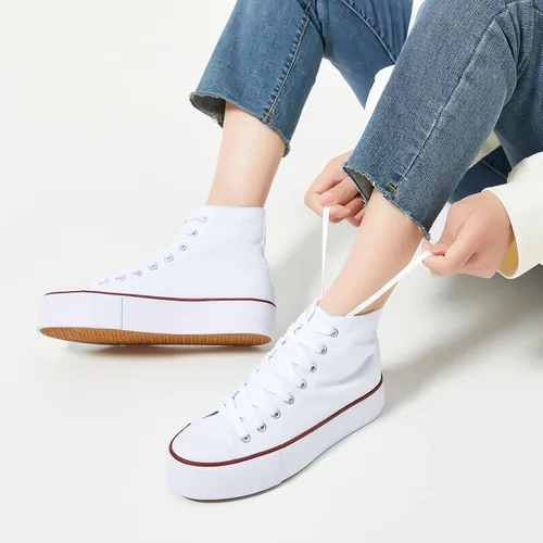 Vista 5 de SERNIAL Zapatos deportivos de plataforma blanca para mujer, zapatos de lona de moda para mujer