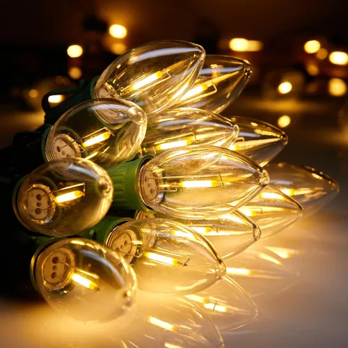 Vista 10 de Luces LED vintage C9 de Navidad, cadena de luces C9 de 25 pies con 25 bombillas LED C9 de plástico, luces impermeables conectables al aire libre