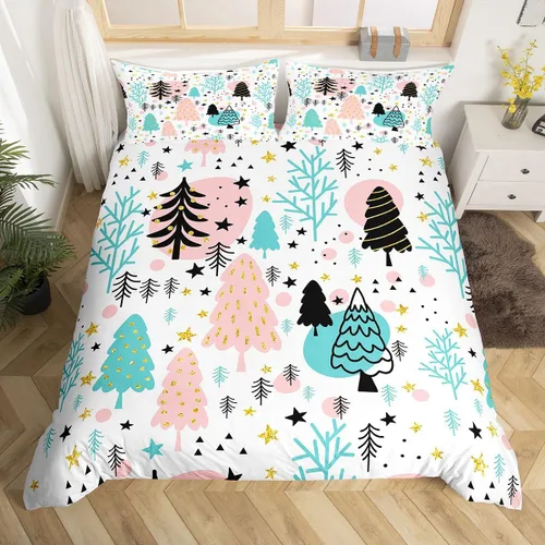 Vista 44 de Juego de ropa de cama de Feliz Navidad, funda de edredón azul con árbol de Navidad para niñas y niños, elegante funda de edredón de copo de nieve