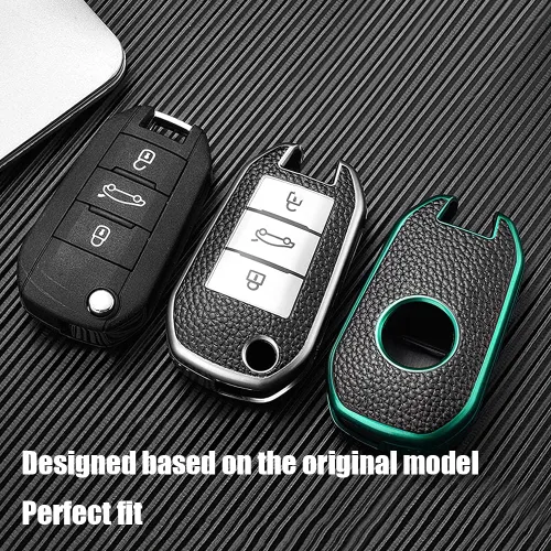 Vista 6 de Funda de cuero TPU con textura para llave de coche con llavero para Peugeot 107 108 207 208 301 508 2008 Citroen C4 C3 C5 Picasso Xsara, funda